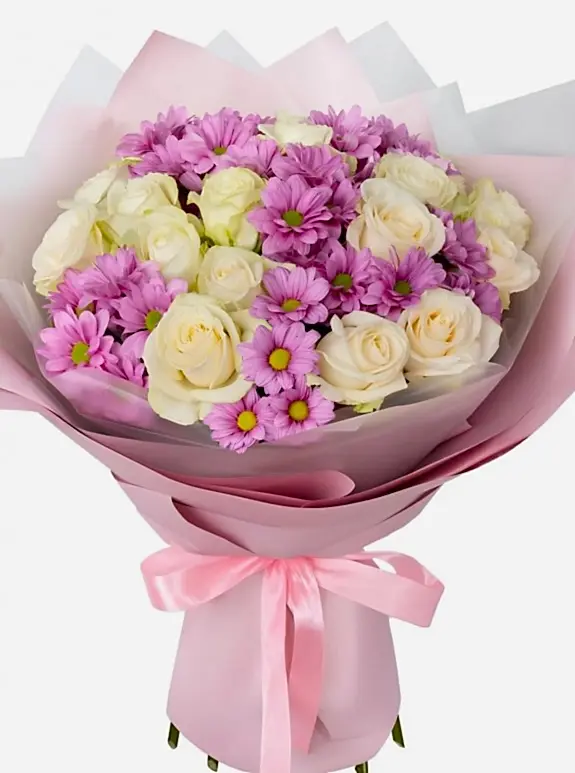 21 Beyaz Gül ve Mor Papatya Buketi