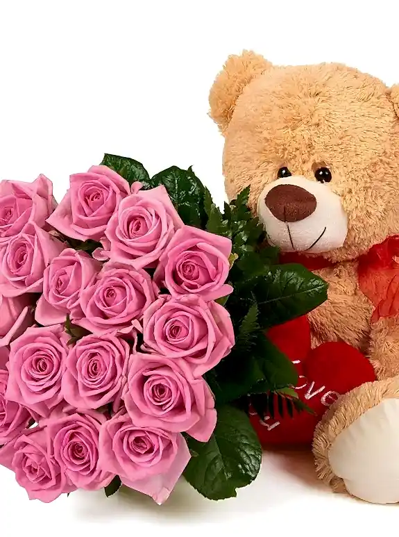 Ayıcıklı Pembe Gül Buketi