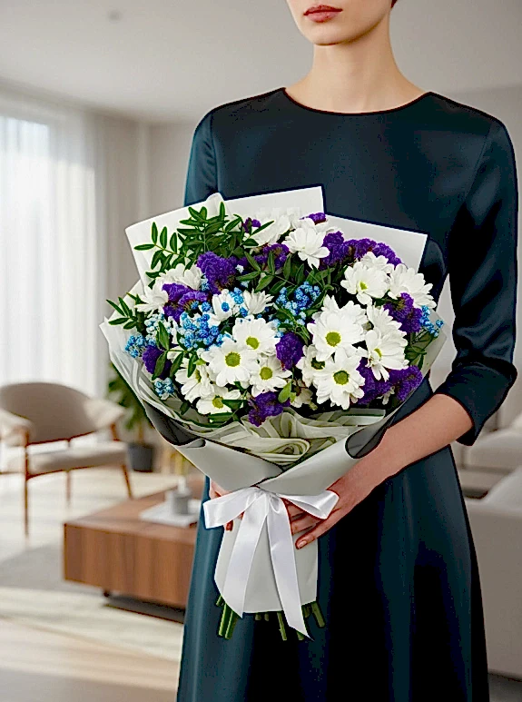 Papatya ve Mor Kasımpatı Buketi