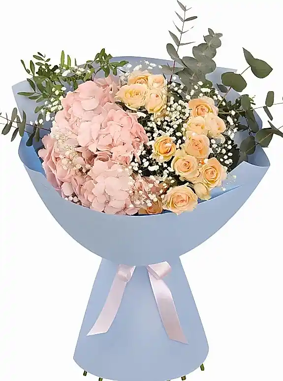 Pembe Ortanca Süslü Buket