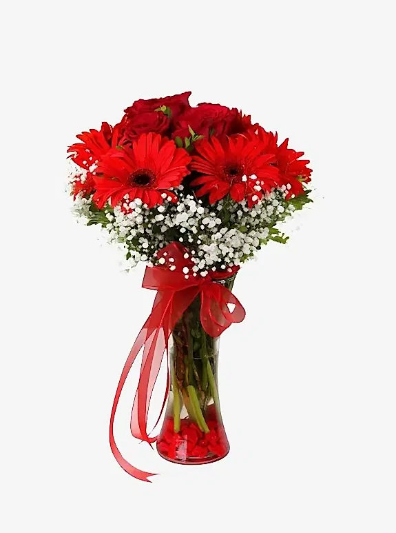 Vazoda Kırmızı Gerbera ve Güller